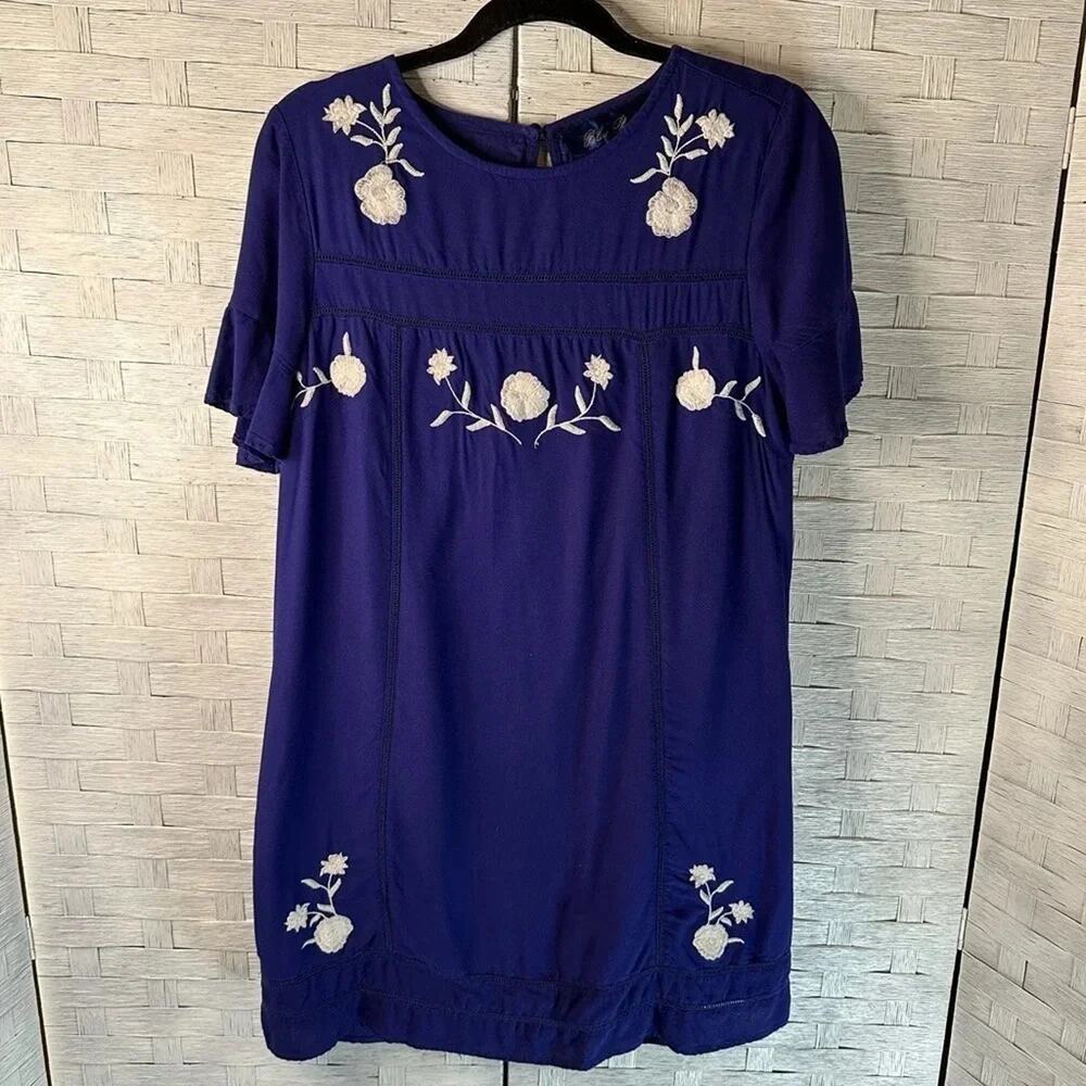 Blue rain Womens Dress Babydall blue white Floral Embroidered bohemian hippie